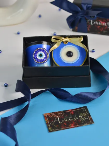 My Evil Eye Gift Box, featuring a beautifully crafted candle and a matching wax sachet. It's a perfect blend of charm and protection, ideal for gifting good vibes.