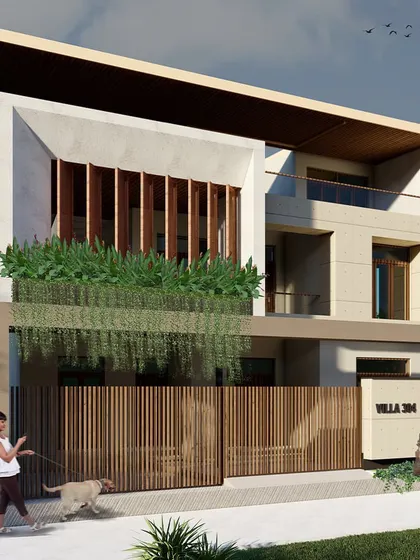 This design option for a Bangalore residence features vertical wooden louvers that provide privacy for the upper terrace. The combination of wood, stone, and cascading plants creates a warm, natural, and contemporary feel.