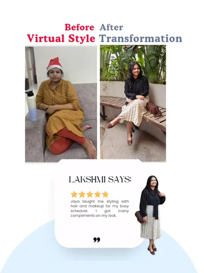 A virtual style transformation for Lakshmi. She learned how to style her outfits, hair, and makeup to fit her busy schedule, and now she receives compliments on her new look.