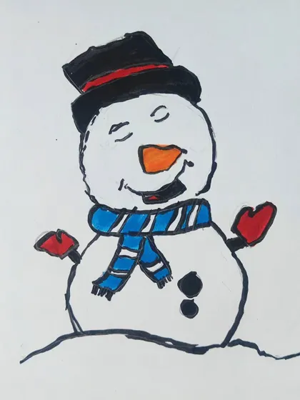 A close-up of the finished snowman drawing, complete with a top hat, a cozy scarf, and a happy smile.