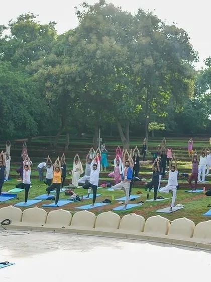 A large group practices Vrikshasana (Tree Pose) in our outdoor amphitheater. This balancing asana is excellent for improving concentration and bringing a sense of groundedness, which we cultivate in all our yoga programs.