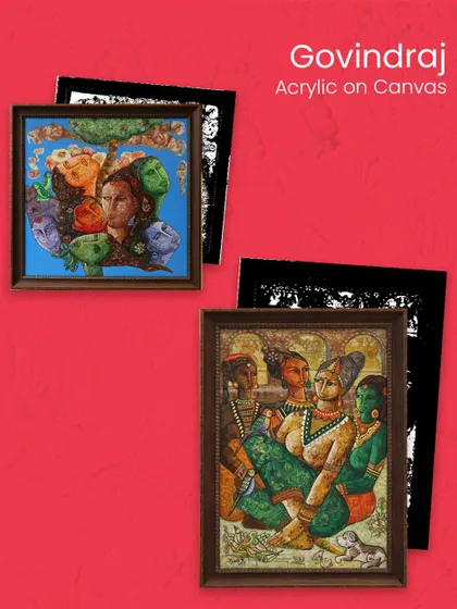 A graphic showcasing two acrylic on canvas works by Govindraj, part of our exhibition focusing on artists from Tamil Nadu.