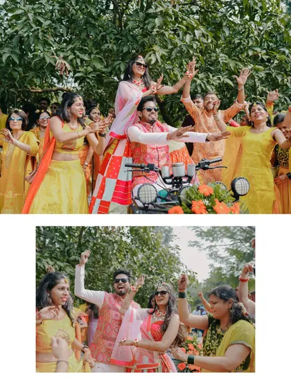 A collage of the couple dancing and celebrating with their friends and family during their vibrant Haldi ceremony.