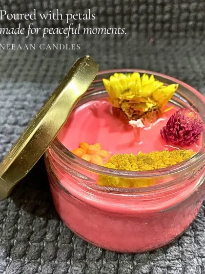 Poured with petals for your most peaceful moments. This pink floral candle is made with dried flowers to create a beautiful, calming effect as it burns.