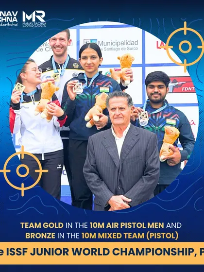 Our shooter Parmod's journey from state-level to international champion is a source of immense pride. Here, he is seen with his team gold and mixed team bronze medals from the ISSF Junior World Championship in Peru.