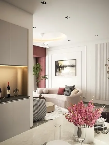 A 3D render of a neo-classic living and dining area. This visualization helps clients see how furniture, colors, and lighting will come together, allowing for adjustments before we finalize the design.