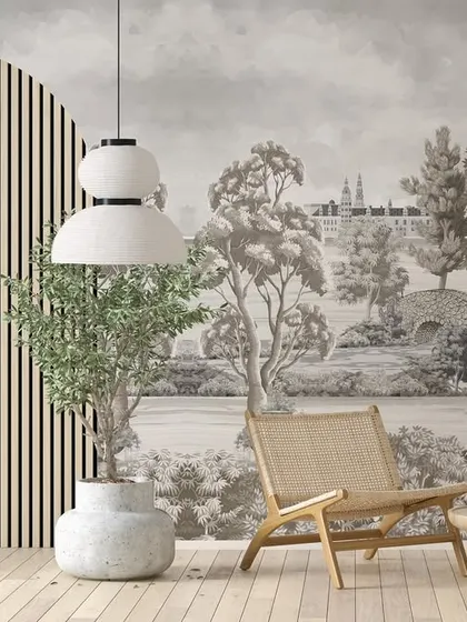 Another view of our classic Toile de Jouy mural, showcasing its ability to create a grand and artistic statement. The detailed scenery adds depth and a sense of history to the space.
