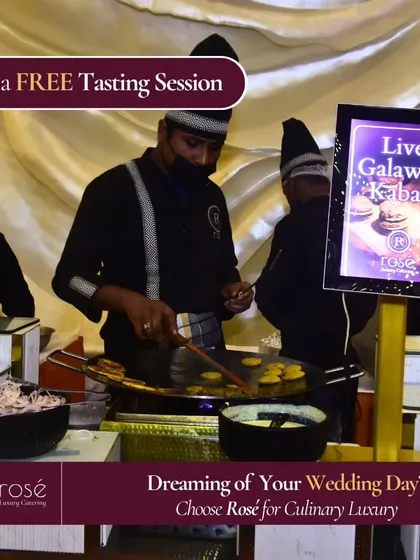 A glimpse of our live Galawati Kebab station, where guests can watch our chefs prepare these famously soft kebabs. We offer free tasting sessions for clients to experience our signature dishes firsthand.