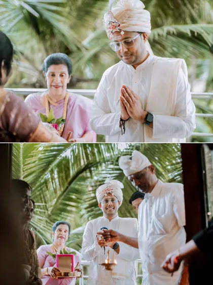 A collage of the groom's rituals, showing him receiving blessings before the main ceremony.