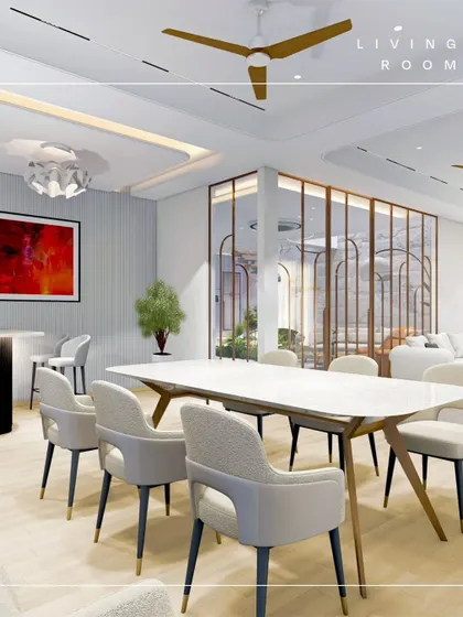 This living and dining room in a luxury penthouse combines comfort with elegance. The space features a modern dining set, a cozy bar nook, and decorative partitions that define the area without closing it off, perfect for family gatherings.