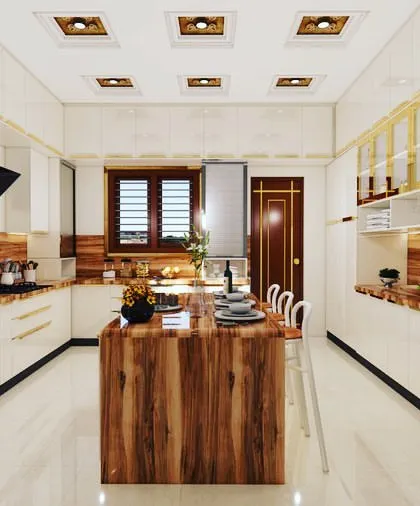 Another view of the extravagant kitchen design, highlighting the seamless blend of high-gloss white cabinets and rich wood textures.