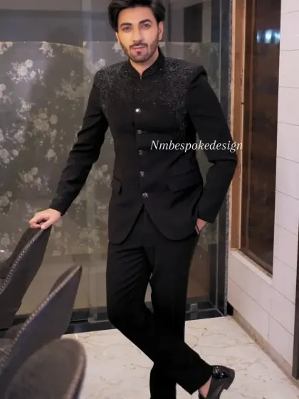 Full-length view of the black beaded Jodhpuri suit, showcasing its sleek and modern fit.