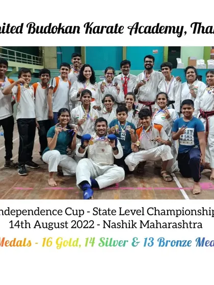 A proud team photo from the Independence Cup State Level Championship in 2022. This graphic celebrates the collective achievement of our Thane academy students, who secured 43 medals for UBKA.