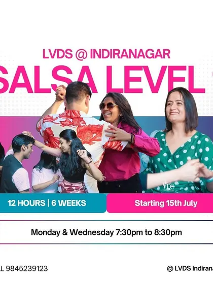 Our Salsa Level 1 course poster for the Indiranagar studio. This 12-hour, 6-week program is the perfect starting point for anyone new to Salsa, with convenient weekday evening classes.