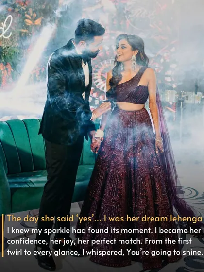"The day she said 'yes'... I was her dream lehenga." The story begins from the lehenga's perspective, feeling the joy of its first big moment.