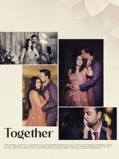 "Together is a beautiful place to be." This collage captures the intimate and romantic moments from a couple's reception shoot, telling a story of their connection.