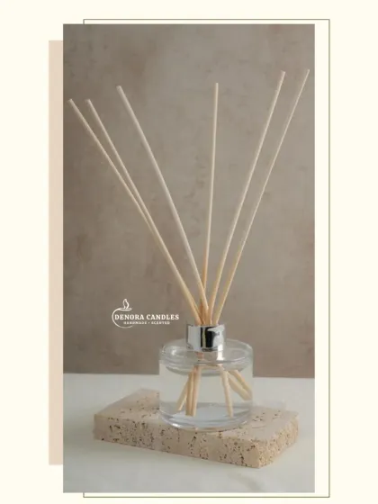 For a clean and minimalist look, I offer this diffuser with a polished silver cap and natural reeds. It is pictured here on a travertine block to show how well it fits with natural decor elements.
