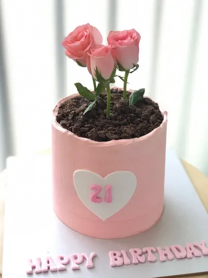 A creative flower pot cake, where the "soil" is made of cookie crumbs and fresh roses are planted on top.