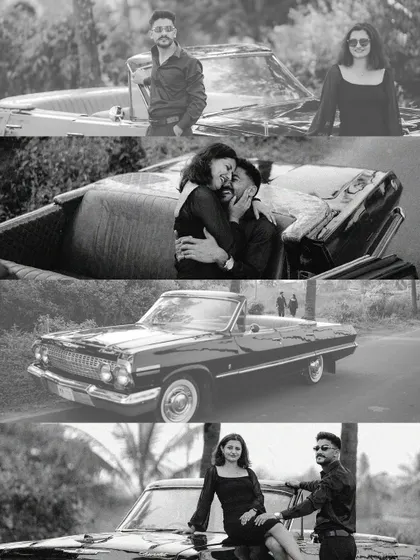 A black and white collage of a couple with a vintage convertible. The monochrome edit gives these photos a timeless, old-Hollywood feel, full of romance and style.