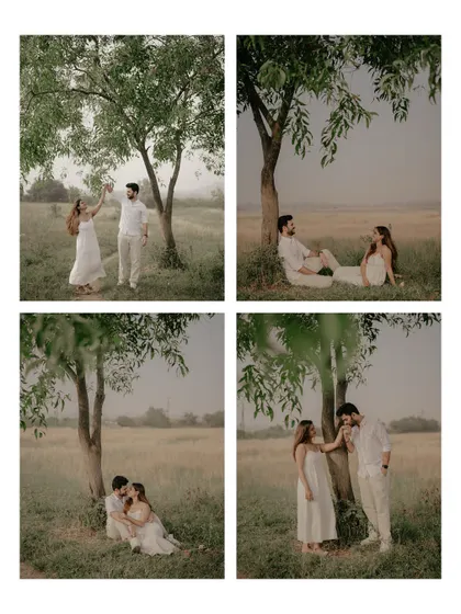 A collage of four images from the countryside shoot, showing a variety of poses and romantic moments under and around a tree.
