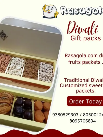 For festivals like Diwali, we offer the best of both worlds with our customizable gift packs. This image shows our popular combination boxes, featuring a section for premium dry fruits like almonds and cashews alongside our traditional handmade sweets.