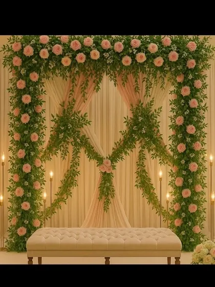 This stage backdrop uses a frame of soft pink roses and lush green leaves for a fresh, garden-like feel. The soft drapes and warm candle lighting make it a very romantic setting for the main couple.