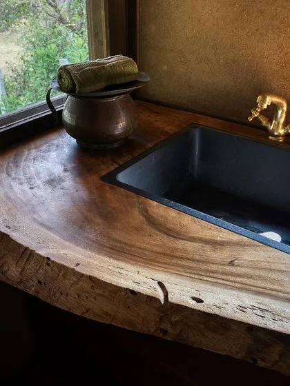 A detail of a live-edge wood counter in our prefab prototype, showcasing our love for natural, organic forms and materials.