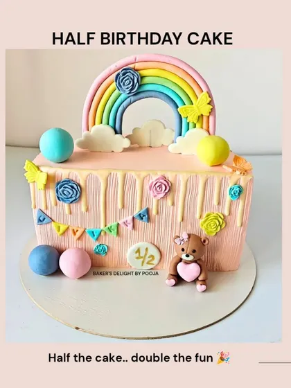 Another take on a half-birthday cake, this one features a rainbow, a teddy bear, and a colorful banner. It's half the cake but double the fun.
