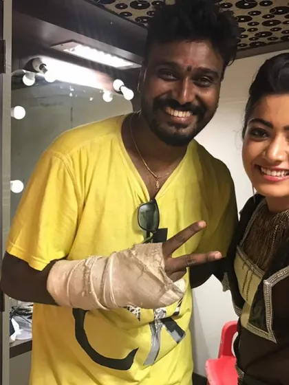 Another picture with Rashmika. You can see my hand was in a cast, but I never let it stop me from working.
