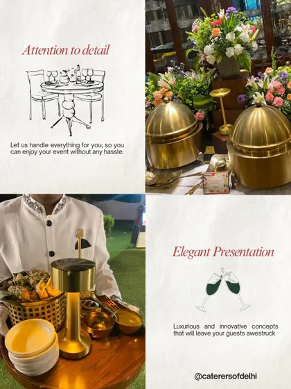 This collage encapsulates our philosophy of elegant presentation and attention to detail. It shows our staff serving appetizers on a lighted tray and our use of premium chafing dishes for a flawless guest experience.