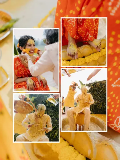 A collage of traditional Haldi rituals, showing haldi being applied to the couple and other customary practices.