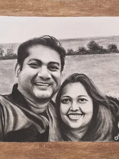 This custom charcoal portrait was created to celebrate a couple's special bond. I work to capture the genuine smiles and warmth in every relationship, turning a favorite photo into a piece of art that tells their unique love story.