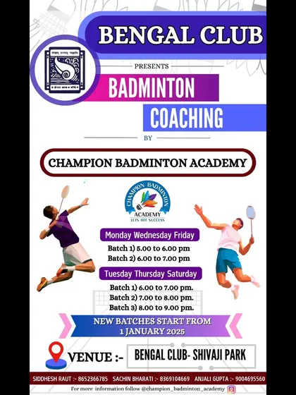 We are now offering badminton coaching at the Bengal Club in Shivaji Park. This poster shows the batch timings for our weekday and weekend sessions. New batches are starting soon.