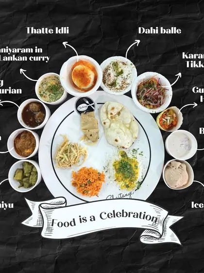 Food is a celebration! This image displays a full plate with labels for each of the diverse dishes I offer, from South Indian Thatte Idli and Paniyaram to North Indian Paneer Angara and Dahi Bhalle.