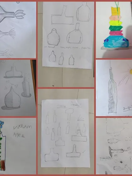 A collage of sketches from our doodling workshop. The kids learned about perspective, shading, and form while drawing different types of bottles.