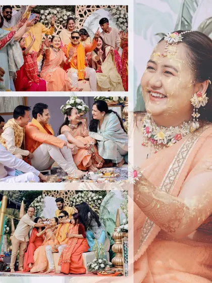 A collage showing the fun and family involvement in the Haldi ceremony, with everyone joining in the celebration.