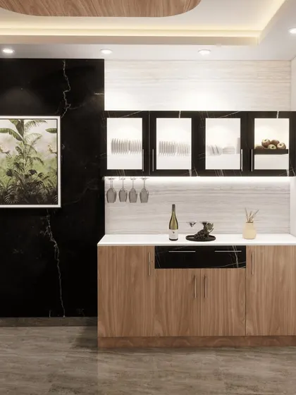 A modern crockery unit set against a dramatic black marble wall, combining wood-finish cabinets with sleek, dark display units.