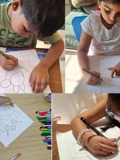 This collection of photos shows children in the process of drawing and coloring. You can see the careful attention they give to their work, a skill that our classes help to develop.