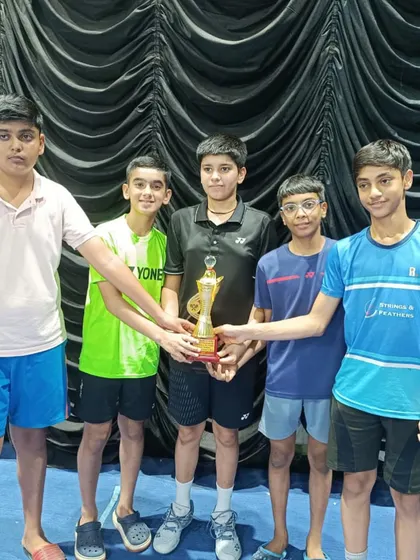 The winning team, led by Niviransh, holding their team championship trophy at the Haryana School State Championship.