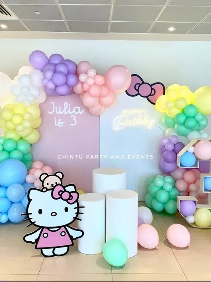 A classic Hello Kitty theme for a third birthday, featuring a character cutout, custom backdrops, and a pastel rainbow balloon arrangement. The setup is completed with a balloon-filled marquee number '3'.
