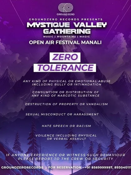 Our Zero Tolerance policy flyer for the Mystique Valley Gathering. We are committed to creating a safe and respectful environment at all our events.