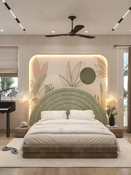 Designing for the younger members of the family is always a joy. This child's room concept uses a pastel green and ivory color theme, a custom arched headboard, and a tropical wallpaper to create a bright, vibrant, and playful environment.