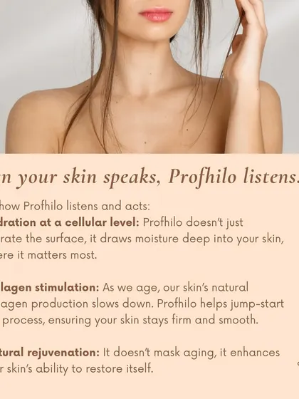 When your skin speaks, Profhilo listens. This graphic explains how the treatment acts on your skin's needs by delivering hydration at a cellular level, stimulating collagen, and enhancing its natural ability to restore itself.