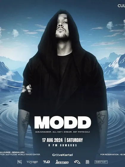 A poster for MODD's performance at High Ultra Lounge. The dramatic, hooded artist photo and icy backdrop create a cool, mysterious vibe that aligns with the deep house and melodic techno genres.