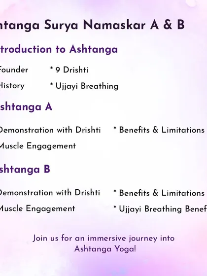 A detailed look at what you will learn in our Ashtanga workshop. We cover the history, key principles like the 9 drishtis, and provide demonstrations with a focus on muscle engagement and breath.