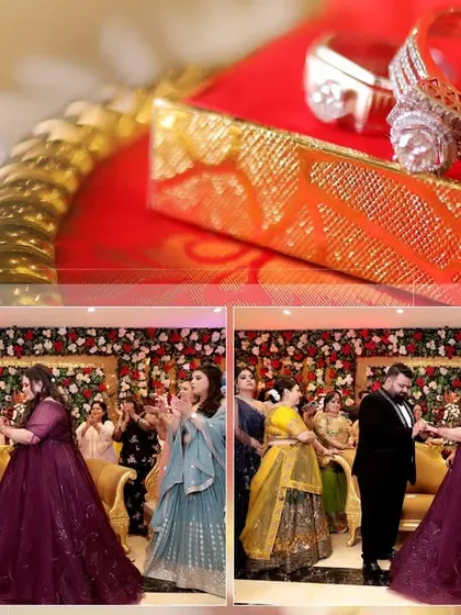 A detailed album page from a ring ceremony, showcasing close-ups of the rings and the moment of the exchange.