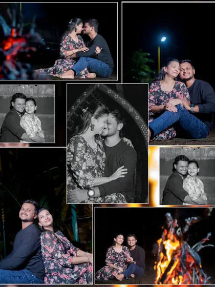 A collage of romantic pre-wedding moments around a bonfire, including some beautiful black and white edits that add a timeless feel.