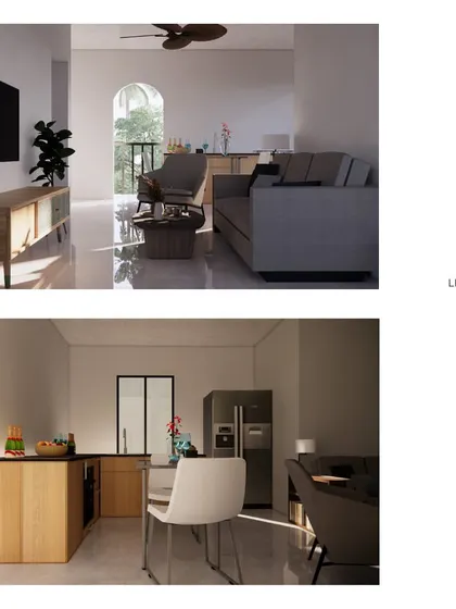 Interior renders for the "Vault House," showing a bright, modern living room and kitchen. The design proves that even on a very small plot, it's possible to create spacious and light-filled living areas.