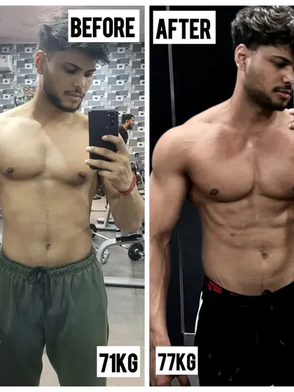 A clean 6kg muscle gain, going from 71kg to 77kg. This front view shows how we added size to the chest and shoulders while keeping the midsection lean. This is what a successful lean bulk looks like.