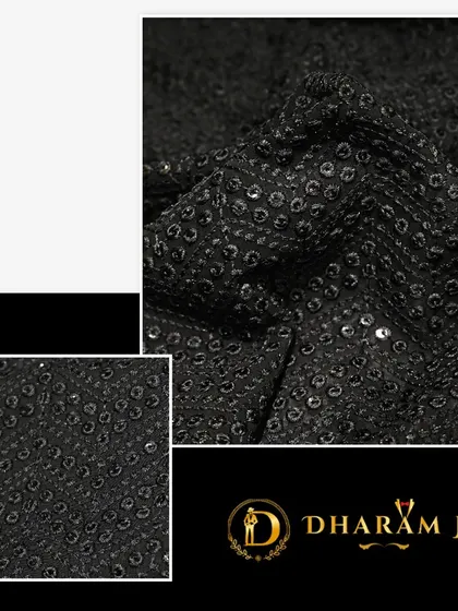 A close-up of a black fabric with a subtle, sparkling pattern. This material is perfect for a cocktail jacket or a modern tuxedo.